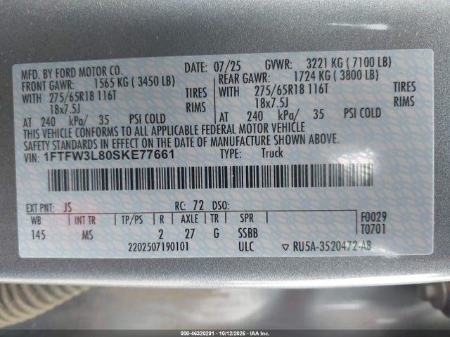 Продажа на аукционе авто 2025 Ford F-150 Xlt, vin: 1FTFW3L80SKE77661, номер лота: 46320291