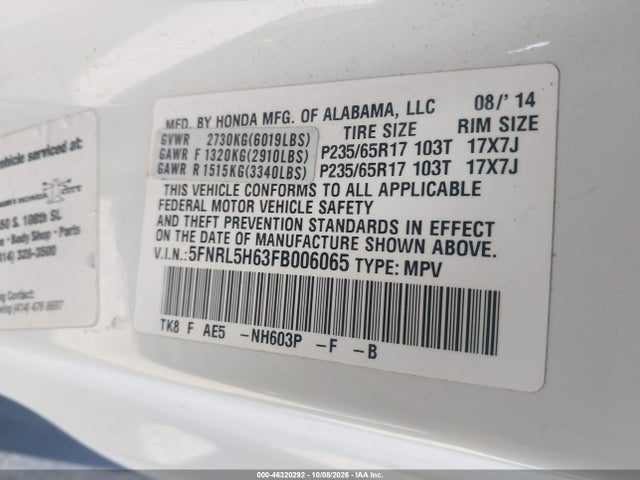 46320292 :رقم المزاد ، 5FNRL5H63FB006065 vin ، 2015 Honda Odyssey Ex-l مزاد بيع
