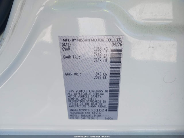 Auction sale of the 2026 Nissan Altima Sv Fwd, vin: 1N4BL4DV9TN331024, lot number: 46320303