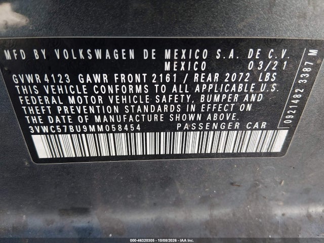 46320305 :رقم المزاد ، 3VWC57BU9MM058454 vin ، 2021 Volkswagen Jetta 1.4t R-line/1.4t S/1.4t Se مزاد بيع