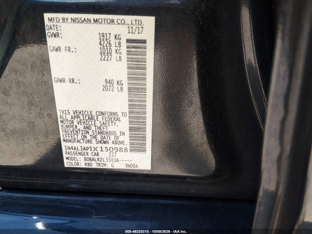 2018 Nissan Altima 2.5 Sl მანქანა იყიდება აუქციონზე, vin: 1N4AL3AP3JC150988, აუქციონის ნომერი: 46320315