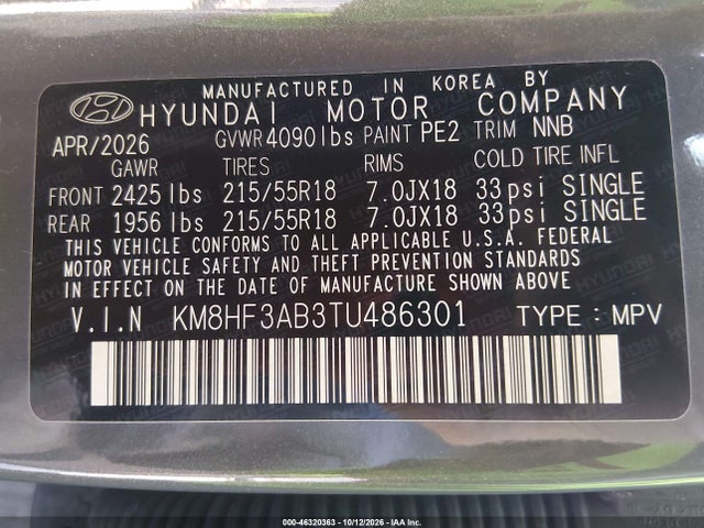 Продажа на аукционе авто 2026 Hyundai Kona Sel Sport, vin: KM8HF3AB3TU486301, номер лота: 46320363