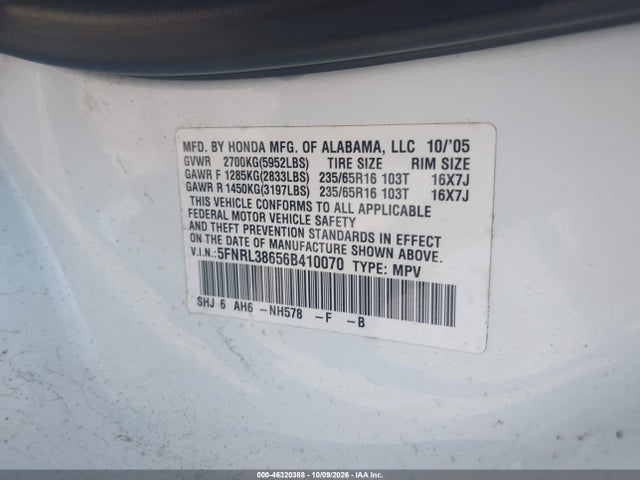 46320388 :رقم المزاد ، 5FNRL38656B410070 vin ، 2006 Honda Odyssey Ex-l مزاد بيع