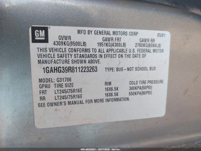 Продажа на аукционе авто 2001 Chevrolet Express, vin: 1GAHG39R811223263, номер лота: 46320391