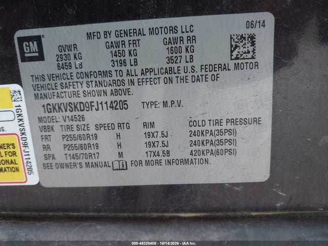 46320408 :رقم المزاد ، 1GKKVSKD9FJ114205 vin ، 2015 Gmc Acadia Slt-2 مزاد بيع