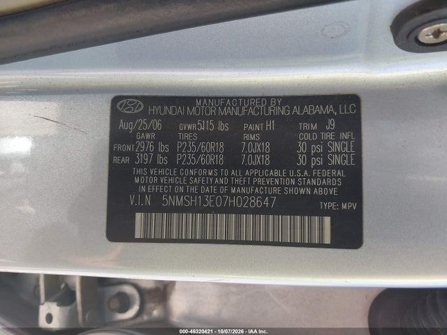 Aukcja sprzedaży 2007 Hyundai Santa Fe Limited/se, vin: 5NMSH13E07H028647, numer aukcji: 46320421