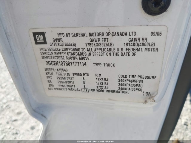 Aukcja sprzedaży 2006 Chevrolet Silverado 1500 Lt1, vin: 2GCEK13T861177114, numer aukcji: 46320426