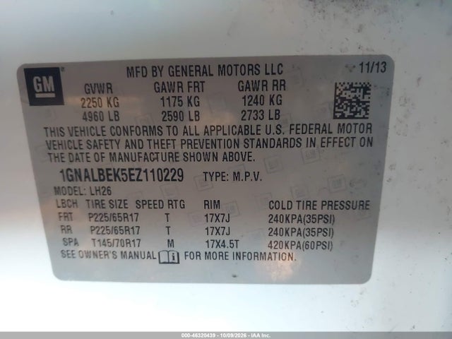 Chevrolet EQUINOX 1LT 2014 1GNALBEK5EZ110229 Image 9