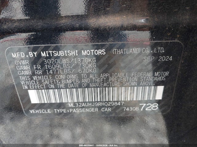 Продажа на аукционе авто 2024 Mitsubishi Mirage Es/le, vin: ML32AUHJ9RH029847, номер лота: 46320441