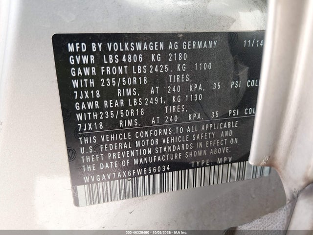 2015 Volkswagen Tiguan Sel მანქანა იყიდება აუქციონზე, vin: WVGAV7AX6FW556034, აუქციონის ნომერი: 46320460
