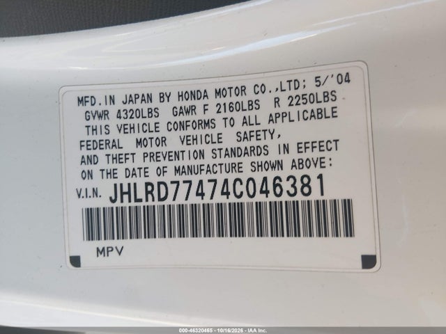 Aukcja sprzedaży 2004 Honda Cr-v Lx, vin: JHLRD77474C046381, numer aukcji: 46320465