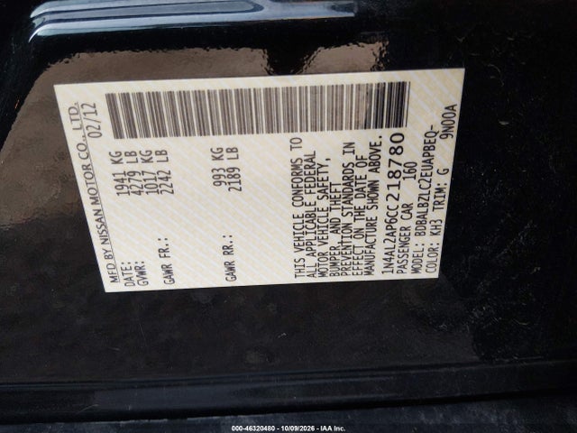 46320480 :رقم المزاد ، 1N4AL2AP6CC218780 vin ، 2012 Nissan Altima 2.5 S مزاد بيع