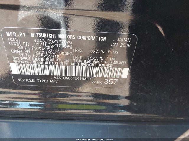 Aukcja sprzedaży 2026 Mitsubishi Outlander Sport 2.0 Es/2.0 Le/2.0 Ralliart/2.0 S/2.0 Se/2.0 Trail Edition, vin: JA4ARUAU0TU016399, numer aukcji: 46320485