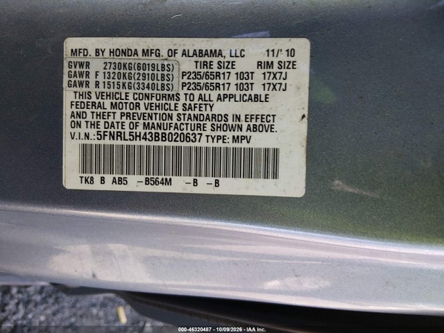 Продаж на аукціоні авто 2011 Honda Odyssey Ex, vin: 5FNRL5H43BB020637, номер лоту: 46320487