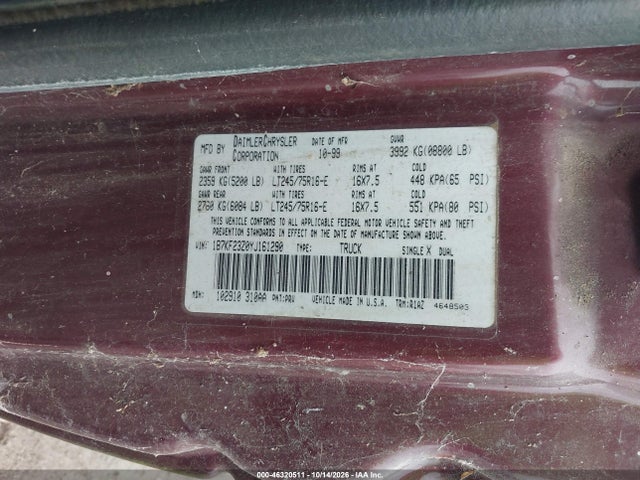 Продажа на аукционе авто 2000 Dodge Ram 2500 St, vin: 1B7KF23Z0YJ161290, номер лота: 46320511