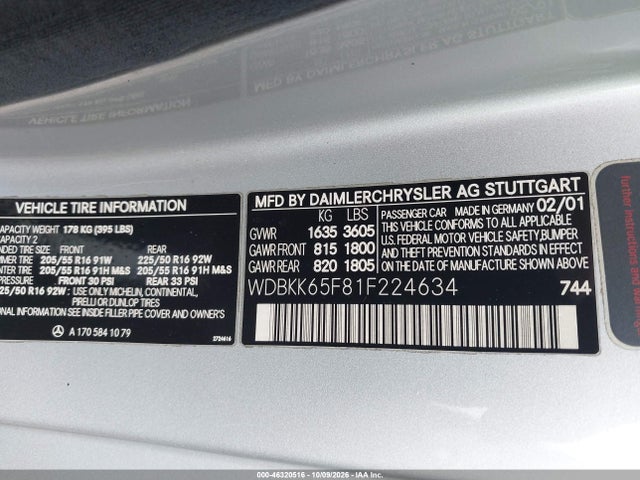 2001 Mercedes-benz Slk 320 მანქანა იყიდება აუქციონზე, vin: WDBKK65F81F224634, აუქციონის ნომერი: 46320516