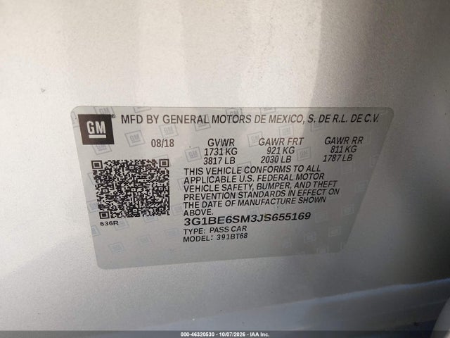 46320530 :رقم المزاد ، 3G1BE6SM3JS655169 vin ، 2018 Chevrolet Cruze Lt Auto مزاد بيع