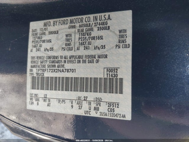 Aukcja sprzedaży 2002 Ford F-150 Xl/xlt, vin: 1FTRF172X2NA78701, numer aukcji: 46320531