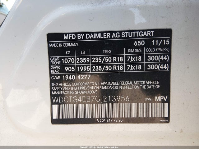 2016 Mercedes-benz Gla 250 მანქანა იყიდება აუქციონზე, vin: WDCTG4EB7GJ213956, აუქციონის ნომერი: 46320536