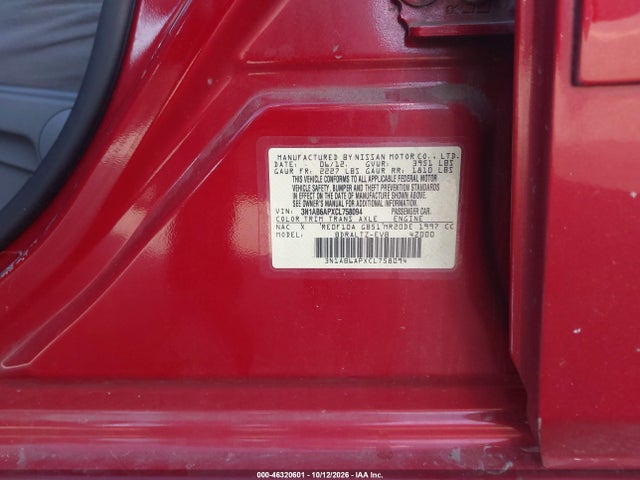46320601 :رقم المزاد ، 3N1AB6APXCL758094 vin ، 2012 Nissan Sentra 2.0 S مزاد بيع