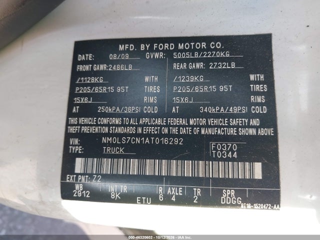 2010 Ford Transit Connect Xl მანქანა იყიდება აუქციონზე, vin: NM0LS7CN1AT016292, აუქციონის ნომერი: 46320602