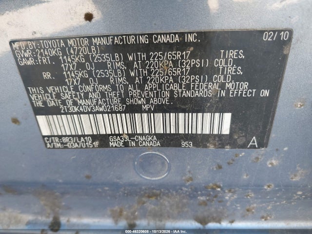 46320608 :رقم المزاد ، 2T3DK4DV3AW021687 vin ، 2010 Toyota Rav4 Ltd مزاد بيع