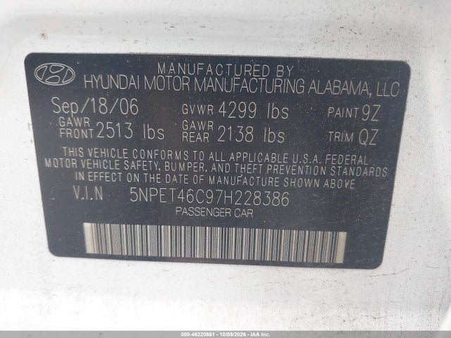 46320661 :رقم المزاد ، 5NPET46C97H228386 vin ، 2007 Hyundai Sonata Gls مزاد بيع