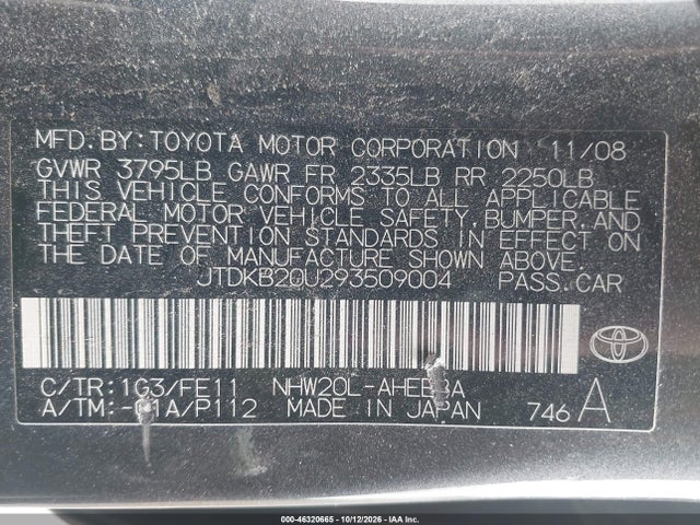 Aukcja sprzedaży 2009 Toyota Prius Standard, vin: JTDKB20U293509004, numer aukcji: 46320665