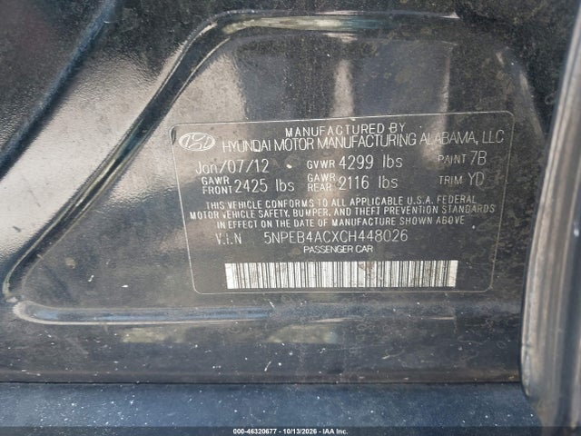 Продаж на аукціоні авто 2012 Hyundai Sonata Gls, vin: 5NPEB4ACXCH448026, номер лоту: 46320677