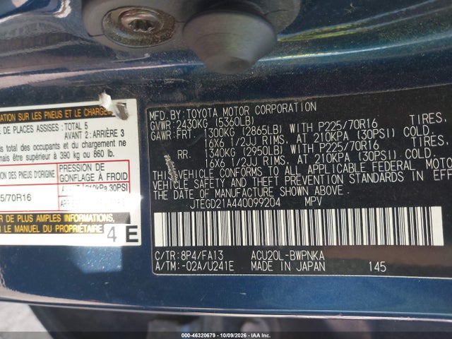 2004 Toyota Highlander მანქანა იყიდება აუქციონზე, vin: JTEGD21A440099204, აუქციონის ნომერი: 46320679