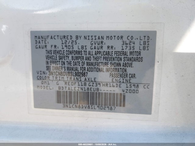 2025 Nissan Versa 1.6 S მანქანა იყიდება აუქციონზე, vin: 3N1CN8DV8SL902987, აუქციონის ნომერი: 46320681