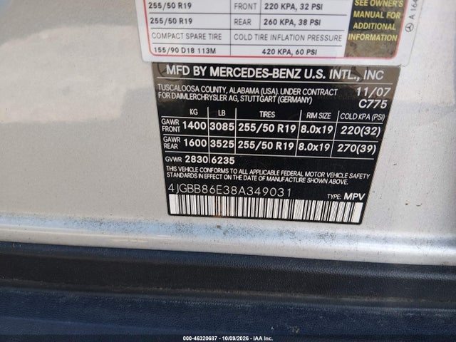Продажа на аукционе авто 2008 Mercedes-benz Ml 350 4matic, vin: 4JGBB86E38A349031, номер лота: 46320687