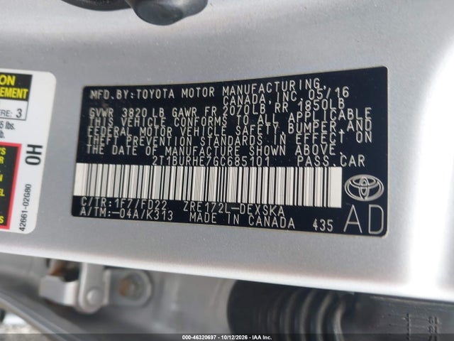 46320697 :رقم المزاد ، 2T1BURHE7GC685101 vin ، 2016 Toyota Corolla S Plus مزاد بيع