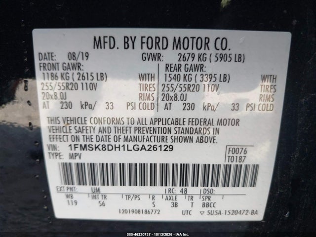 2020 Ford Explorer Xlt მანქანა იყიდება აუქციონზე, vin: 1FMSK8DH1LGA26129, აუქციონის ნომერი: 46320737