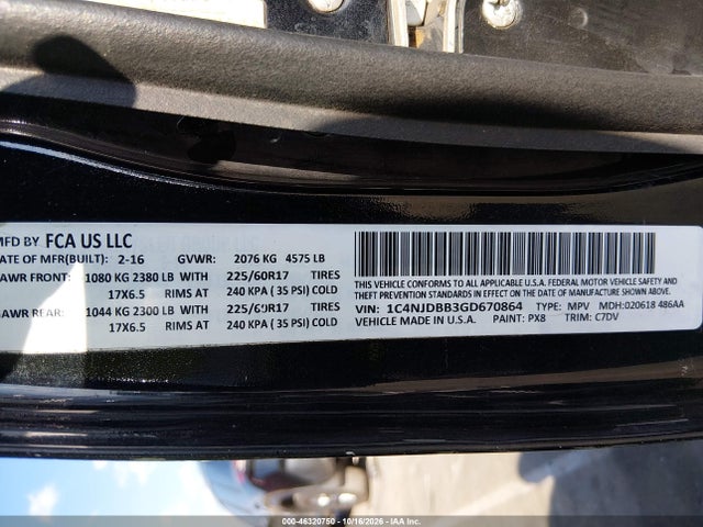 2016 Jeep Compass Sport მანქანა იყიდება აუქციონზე, vin: 1C4NJDBB3GD670864, აუქციონის ნომერი: 46320750