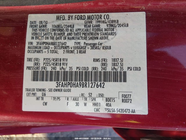 Aukcja sprzedaży 2011 Ford Fusion Se, vin: 3FAHP0HA9BR127642, numer aukcji: 46320800