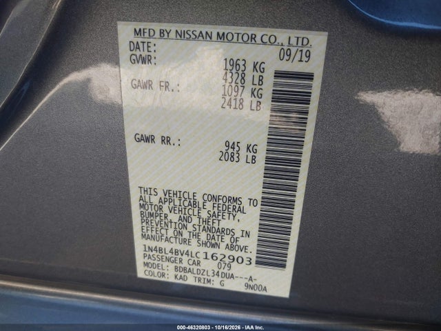 46320803 :رقم المزاد ، 1N4BL4BV4LC162903 vin ، 2020 Nissan Altima S Fwd مزاد بيع