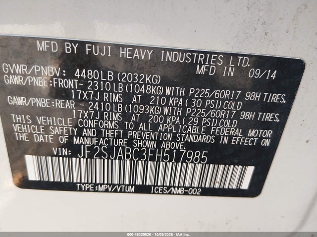 2015 Subaru Forester 2.5i მანქანა იყიდება აუქციონზე, vin: JF2SJABC3FH517985, აუქციონის ნომერი: 46320826