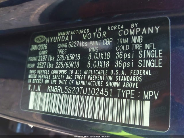 Продажа на аукционе авто 2026 Hyundai Palisade Sel 7p, vin: KM8RL5S20TU102451, номер лота: 46320865