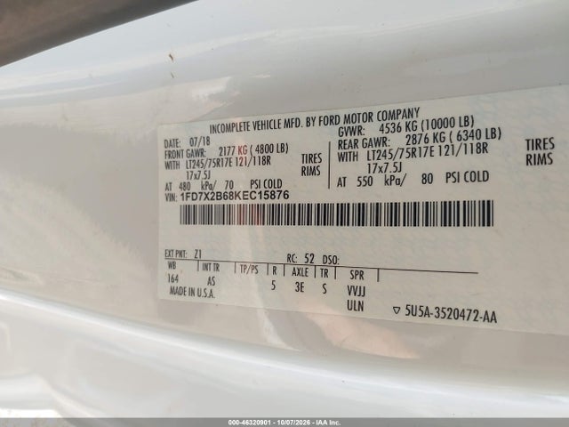2019 Ford F-250 Xl მანქანა იყიდება აუქციონზე, vin: 1FD7X2B68KEC15876, აუქციონის ნომერი: 46320901