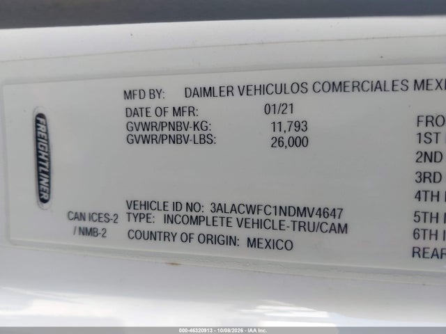 46320913 :رقم المزاد ، 3ALACWFC1NDMV4647 vin ، 2022 Freightliner M2 106 مزاد بيع