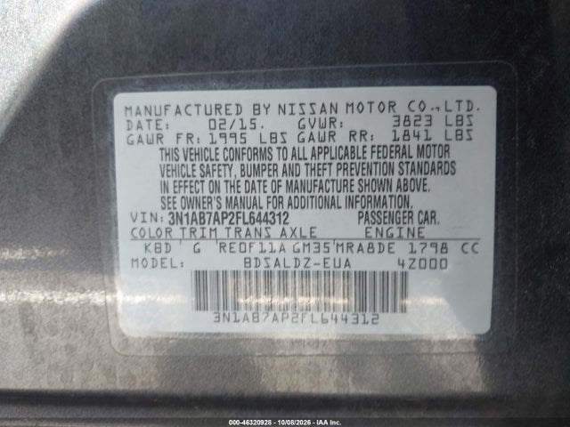 Продажа на аукционе авто 2015 Nissan Sentra Sv, vin: 3N1AB7AP2FL644312, номер лота: 46320928