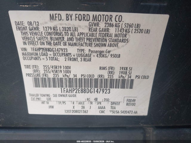 Продажа на аукционе авто 2013 Ford Taurus Sel, vin: 1FAHP2E88DG147923, номер лота: 46320930