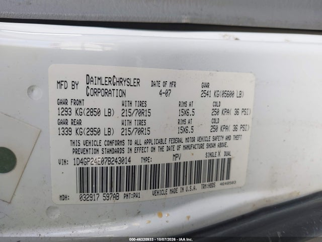 Aukcja sprzedaży 2007 Dodge Grand Caravan Se, vin: 1D4GP24E07B243014, numer aukcji: 46320933