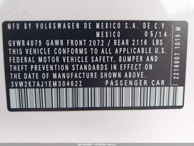 2014 Volkswagen Jetta 2.0l S მანქანა იყიდება აუქციონზე, vin: 3VW2K7AJ1EM304622, აუქციონის ნომერი: 46320957