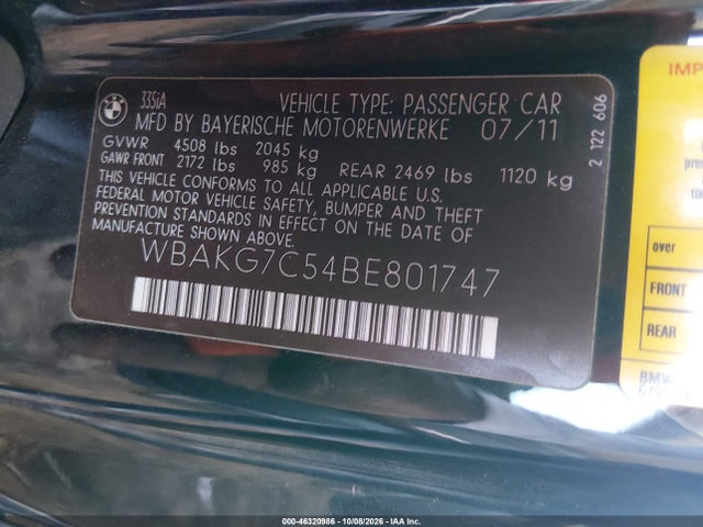 2011 Bmw 335i მანქანა იყიდება აუქციონზე, vin: WBAKG7C54BE801747, აუქციონის ნომერი: 46320986