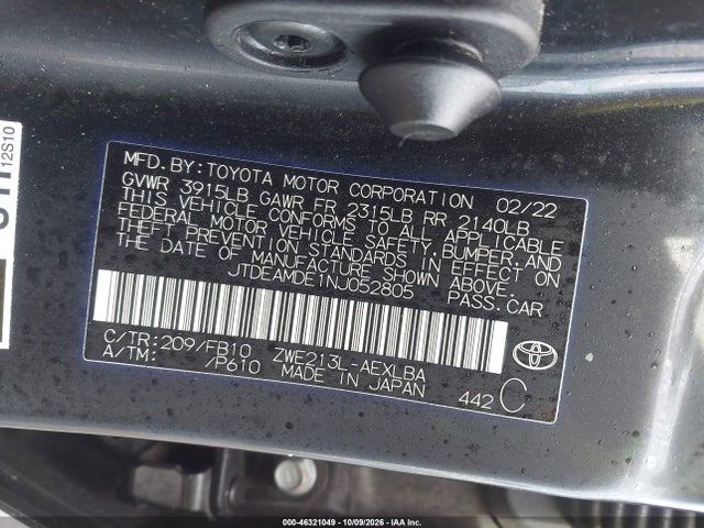 46321049 :رقم المزاد ، JTDEAMDE1NJ052805 vin ، 2022 Toyota Corolla Hybrid Le مزاد بيع