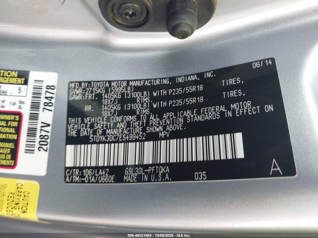5TDYK3DC7ES499452 Toyota Sienna Limited V6 7 Passenger