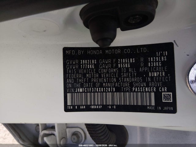 46321083 :رقم المزاد ، JHMFC1F37KX012079 vin ، 2019 Honda Civic Ex مزاد بيع