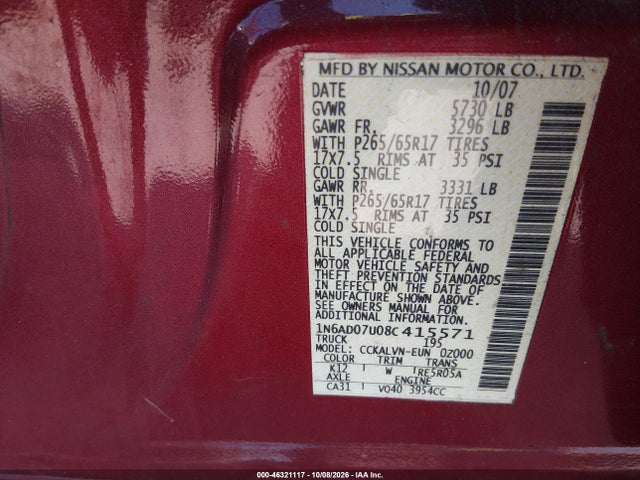 Aukcja sprzedaży 2008 Nissan Frontier Le, vin: 1N6AD07U08C415571, numer aukcji: 46321117